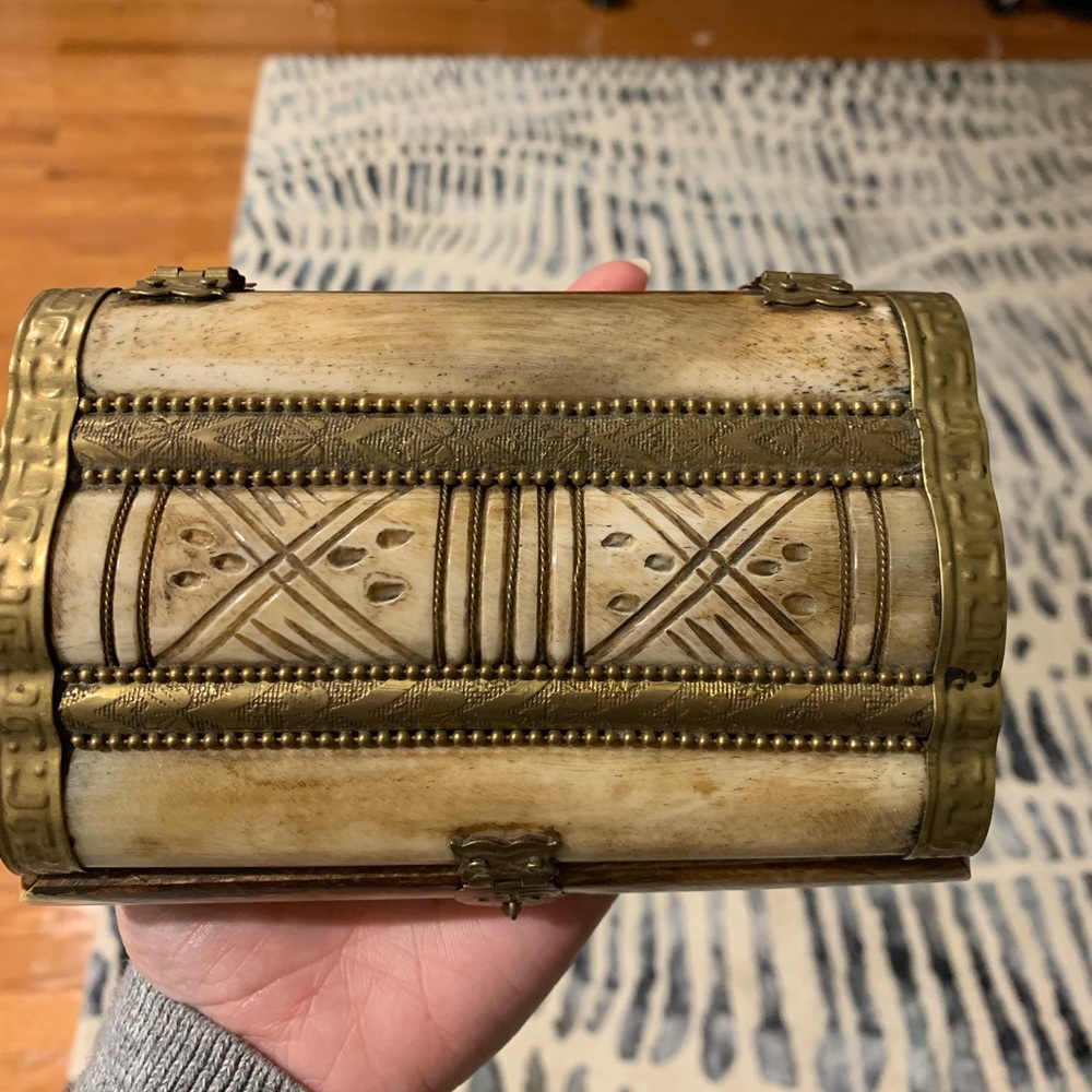 Vintage Trinket Jewelry Box Bone Brass Stamped